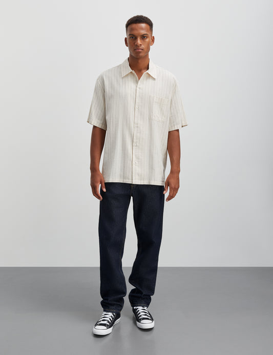 Cotton Linen Mateo Stripe Shirt SS, Birtch/Sea Spray