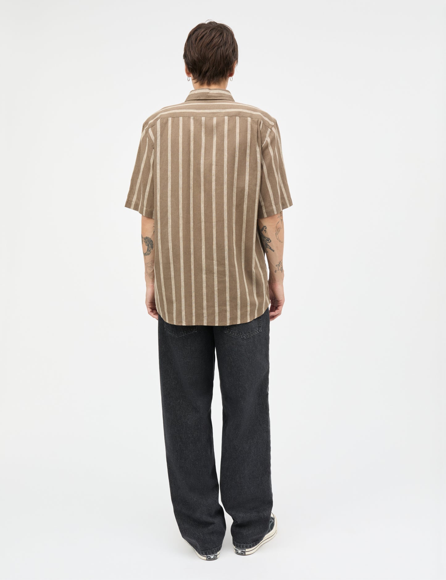 Cotton Linen Victor Stripe Shirt SS, Walnut/Castle Wall