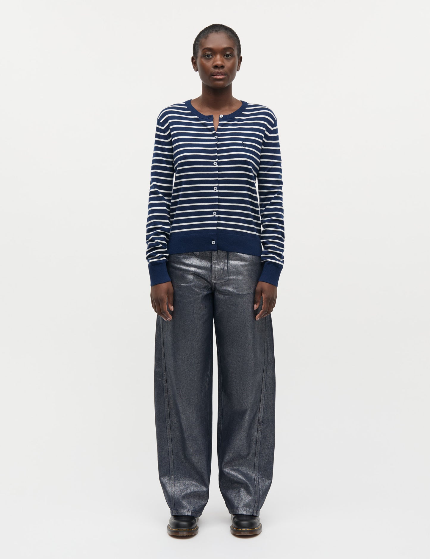 Fine Merino Charlot Stripe Cardigan, Parisian Night/Vanilla Ice