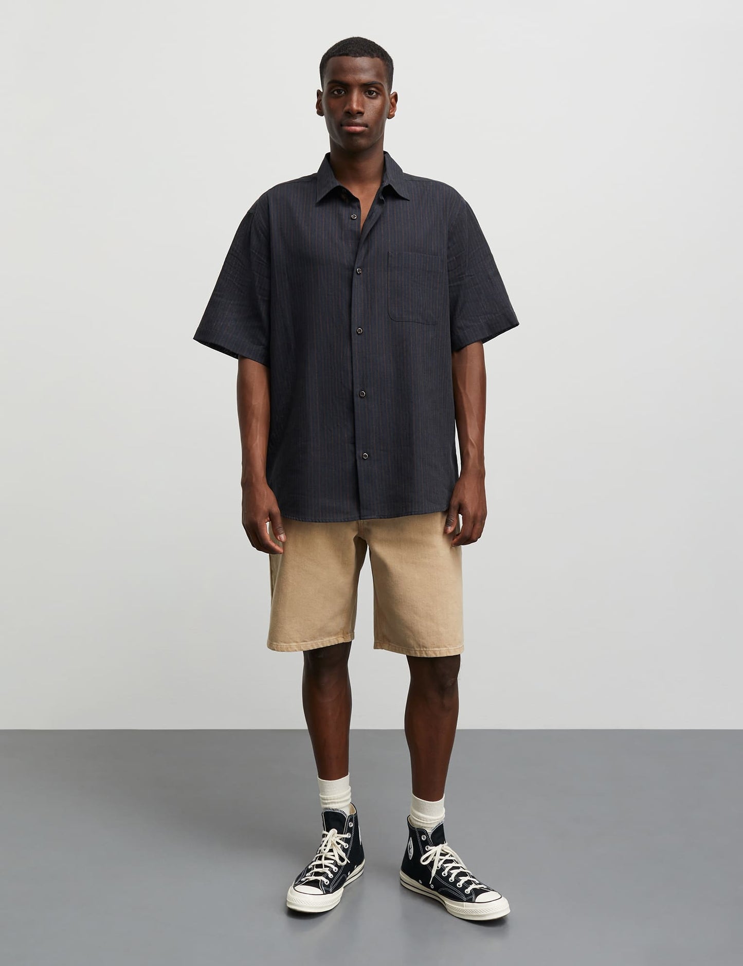 Cotton Linen Victor Stripe Shirt SS, Chicory Coffee/Parisian Night