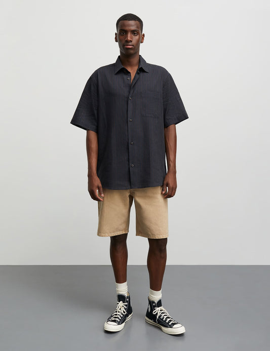 Cotton Linen Victor Stripe Shirt SS, Chicory Coffee/Parisian Night