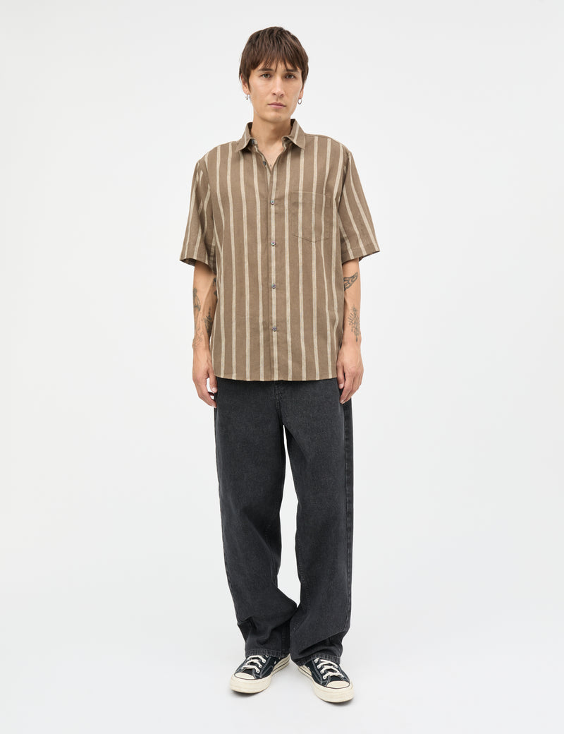 Cotton Linen Victor Stripe Shirt SS, Walnut/Castle Wall – MADS