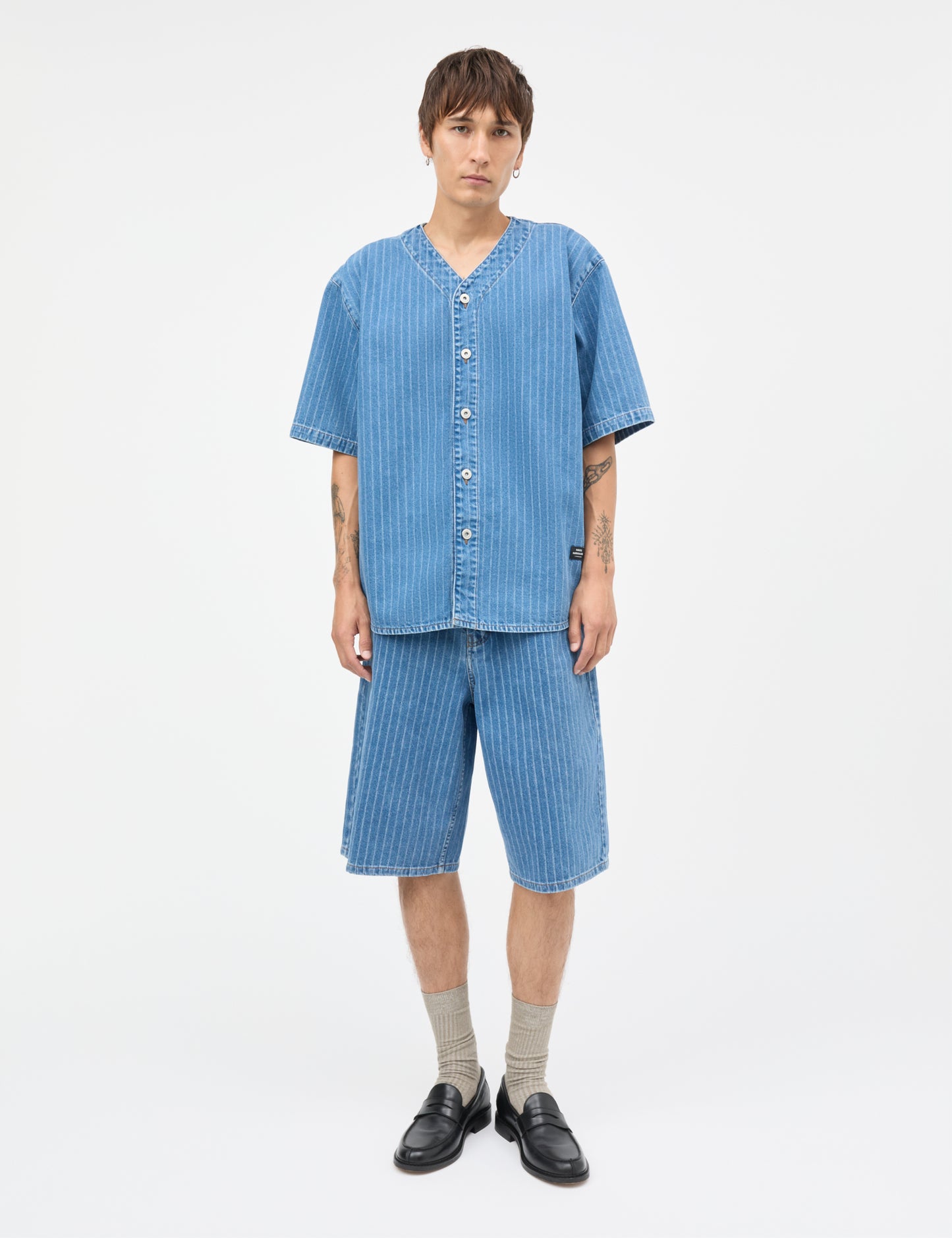 Striped Denim Hannes Shorts, Light Blue Wash