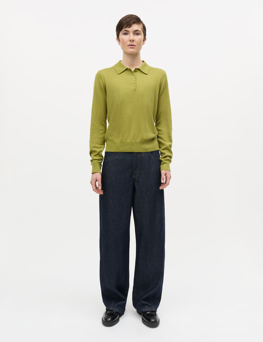 Fine Merino Rosa Polo Knit, Green Olive