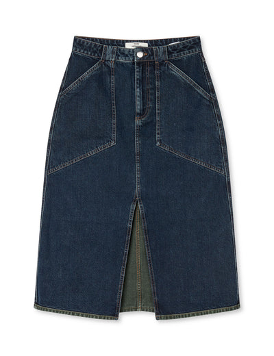 Double Denim Norma Skirt, Blue/Green Dye
