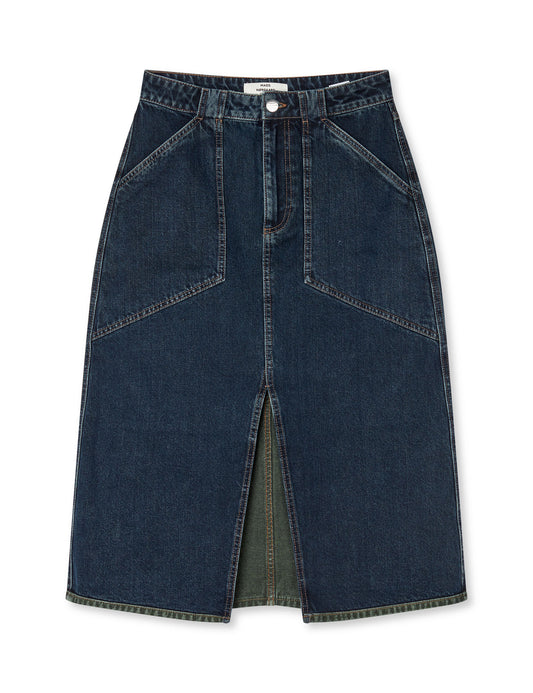Double Denim Norma Skirt, Blue/Green Dye